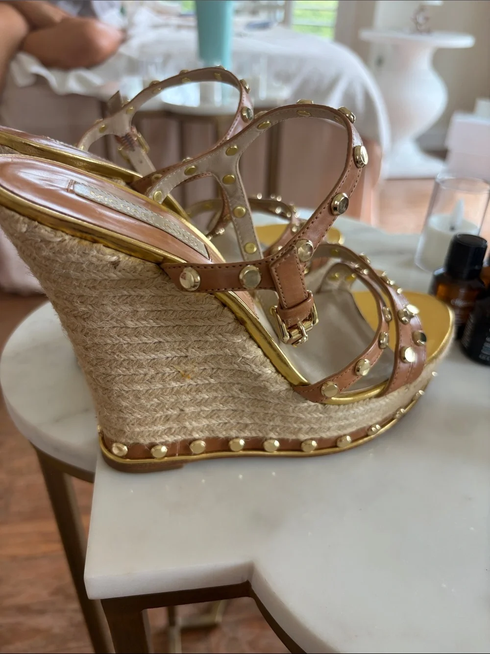Michael Kors Brown Leather Espadrille Wedge Sandals with Gold Studs